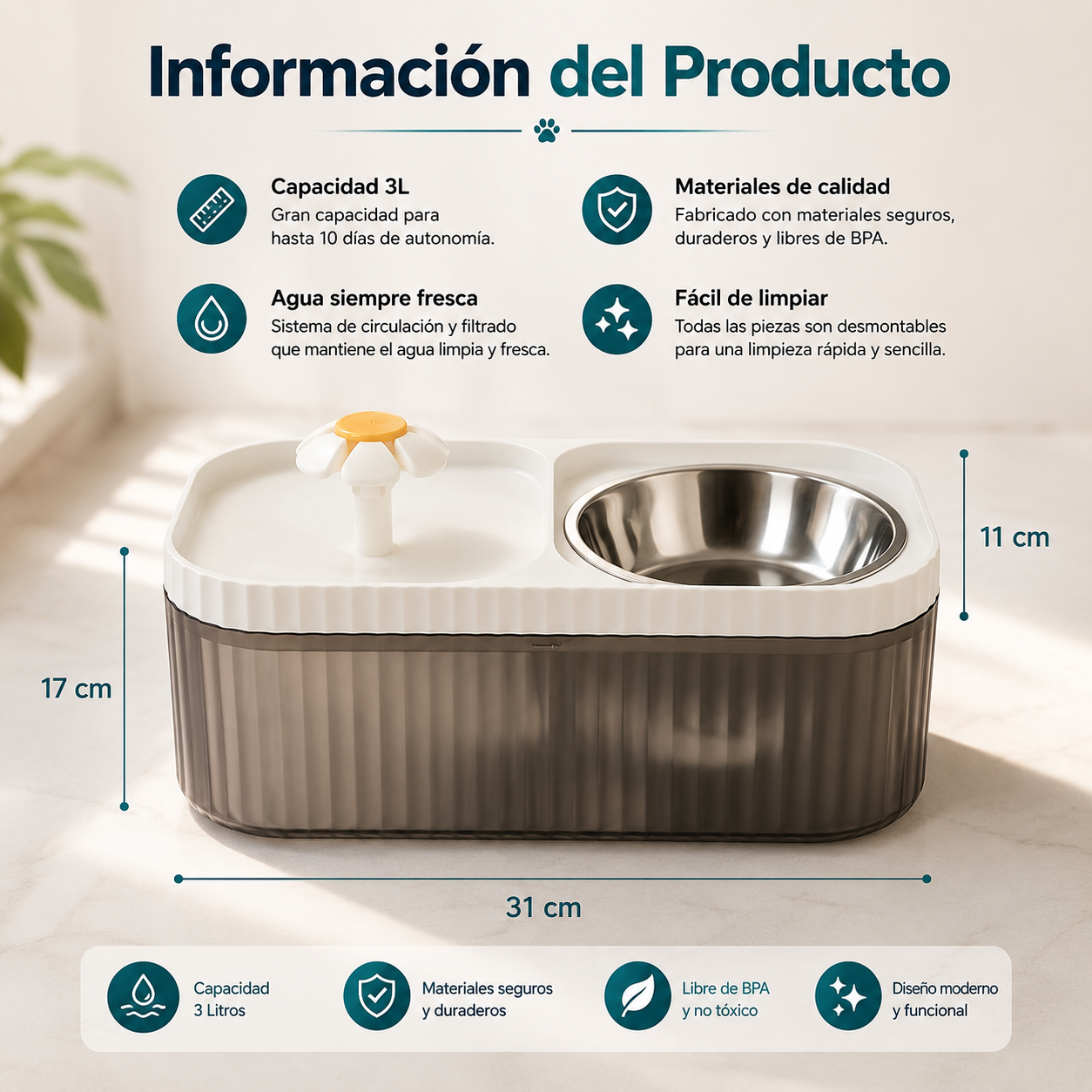 Comedero y bebedero de mascotas con fuente